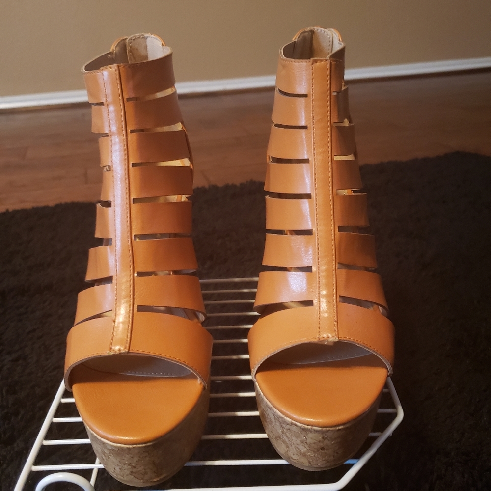 Tan strappy wedge sandal
